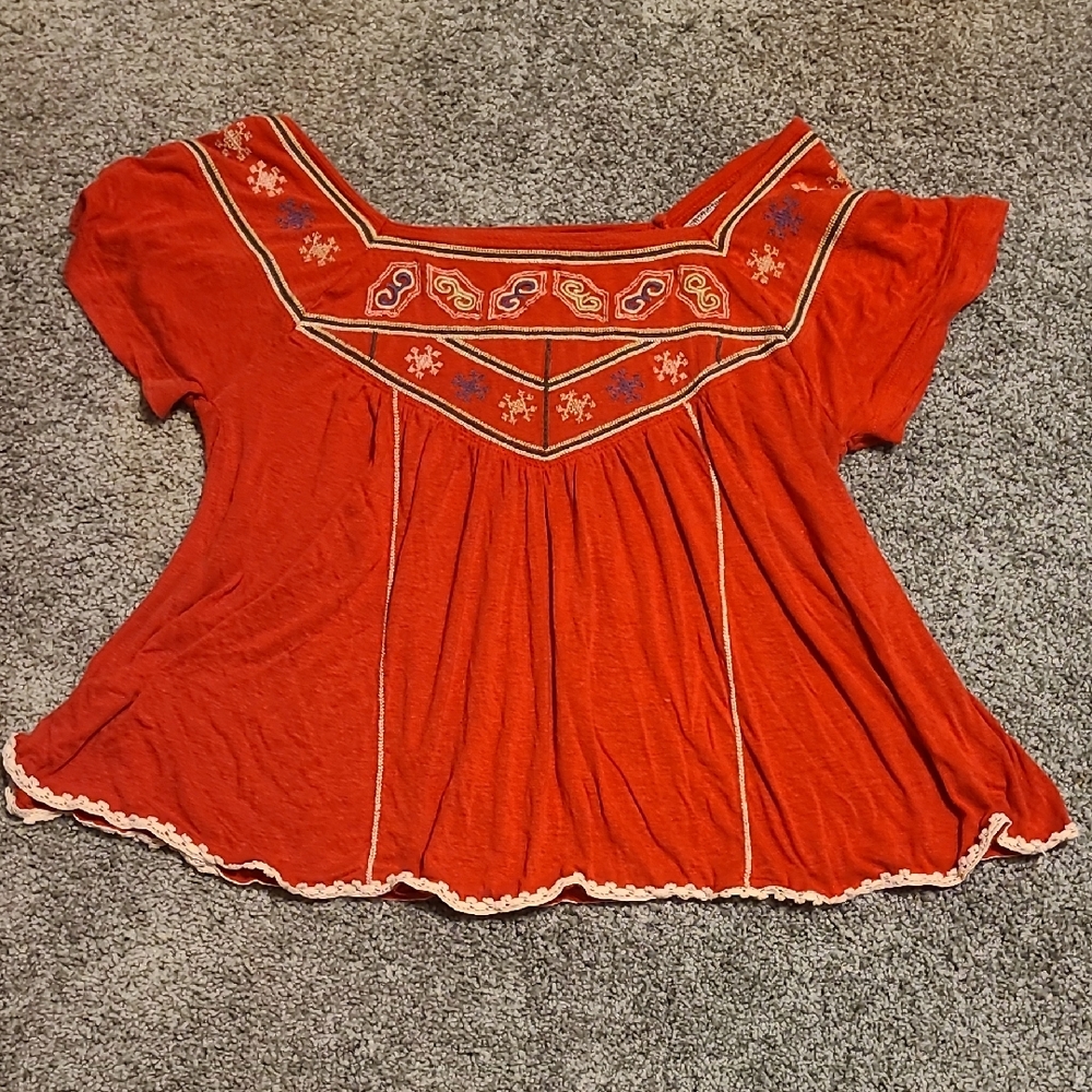 Free People Red Embroidered Blouse